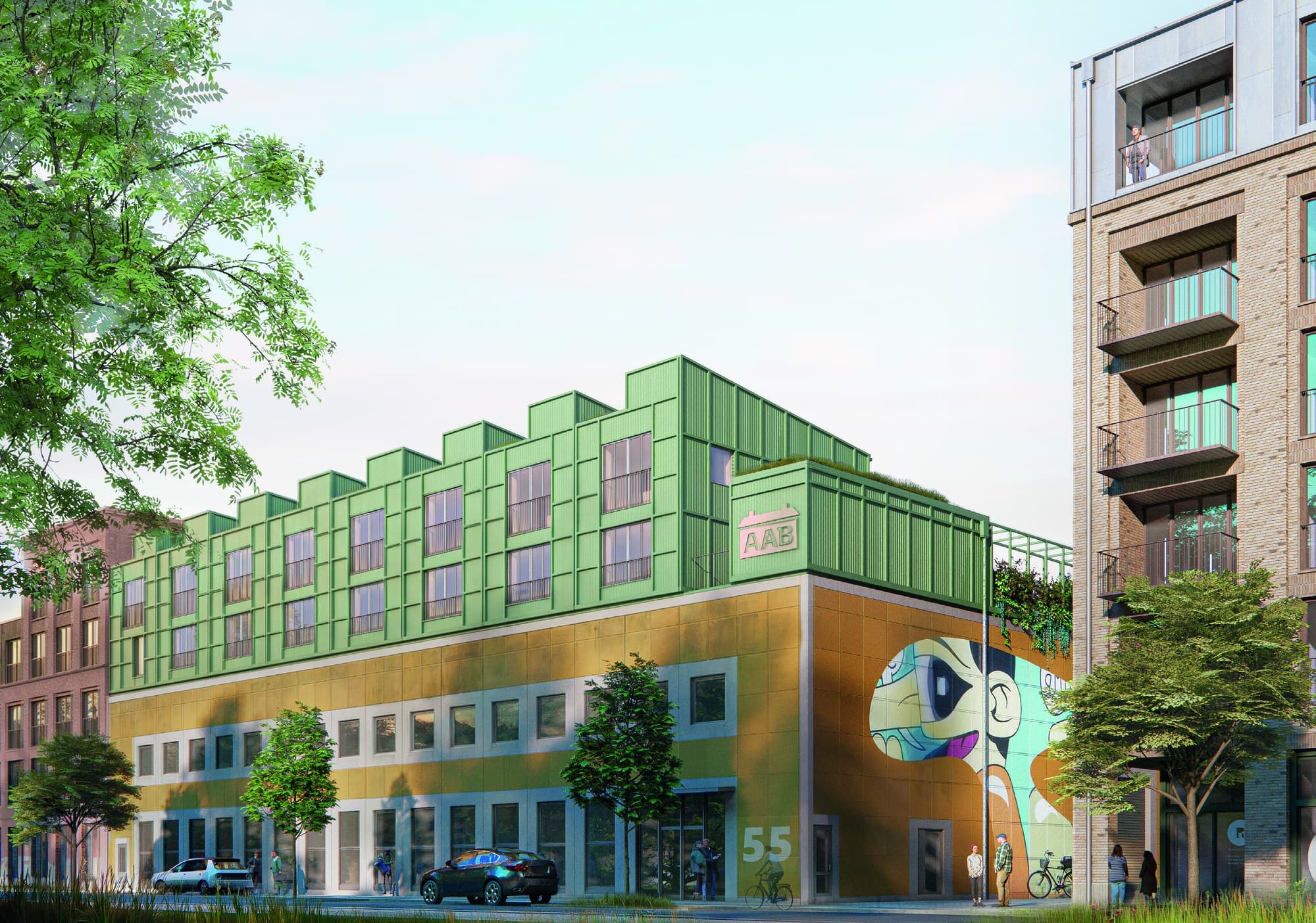 Visualisering af Prags Boulevard 55 set fra hjørnet: nye tagboliger med grøn metalfacade oven på den eksisterende gule bygning, med erhverv og '55' i stueetagen